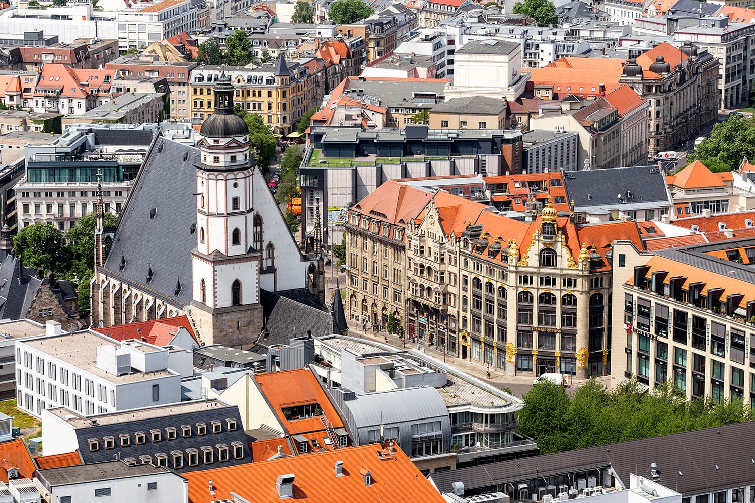 Aerial cityscape view of Leipzig from observation point