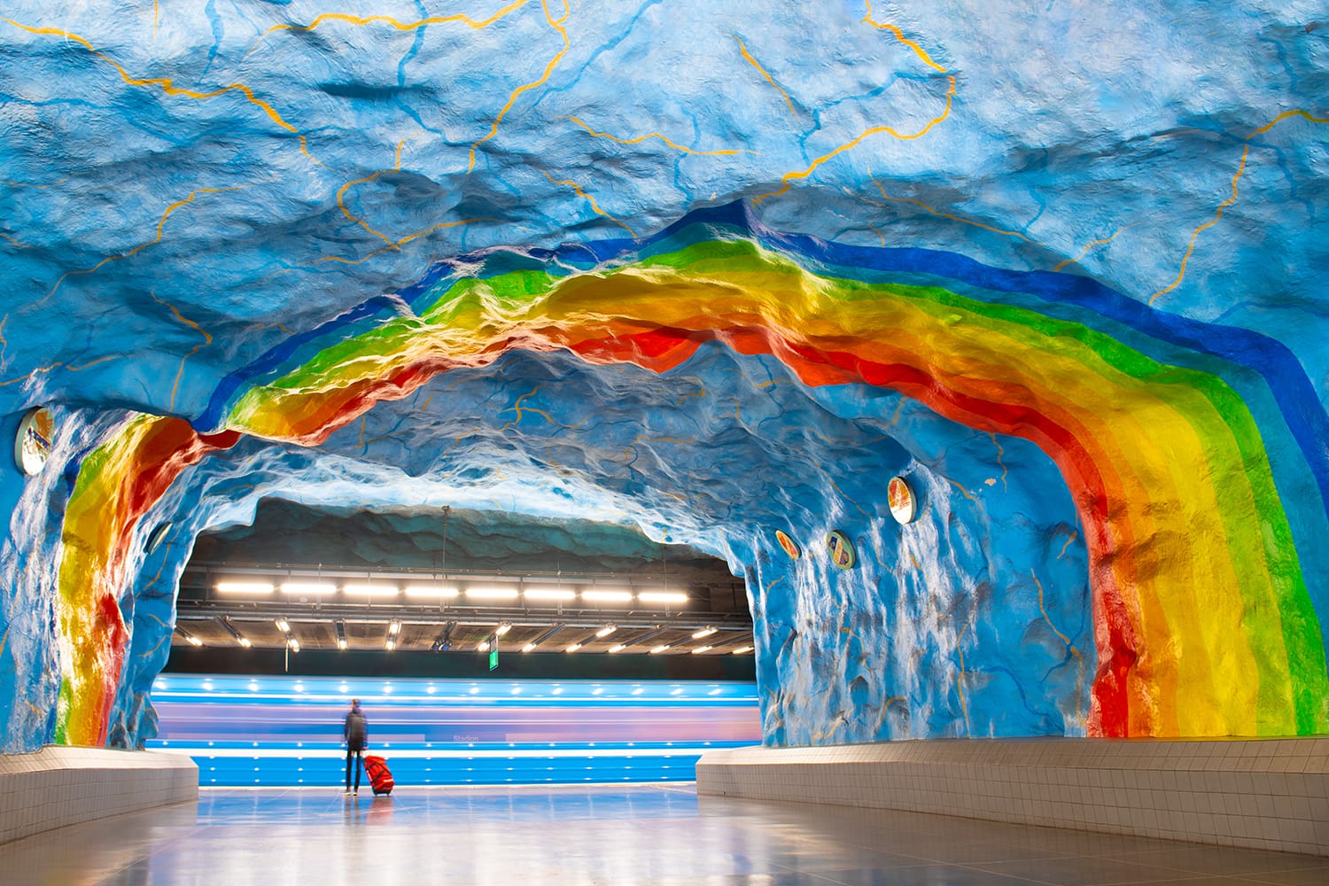 Passenger with a trunk at the Stadium metro station in Stockholm waiting for an underground train, Sweden.