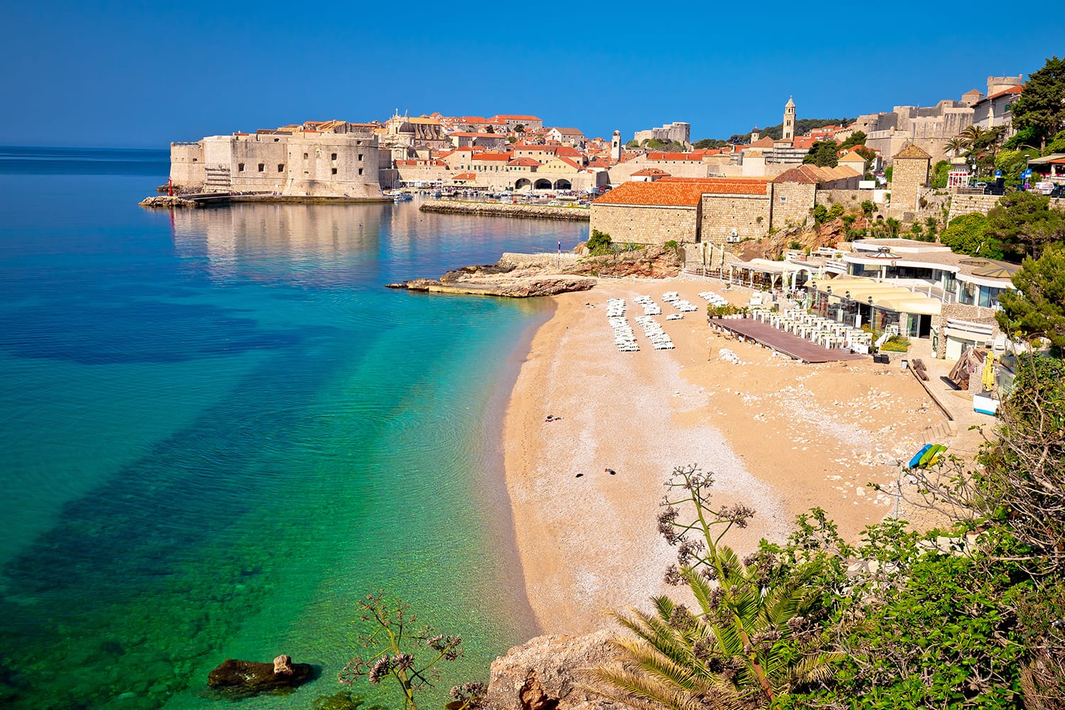 Historic town of Dubrovnik and Banje beach view, Dalmatia region of Croatia