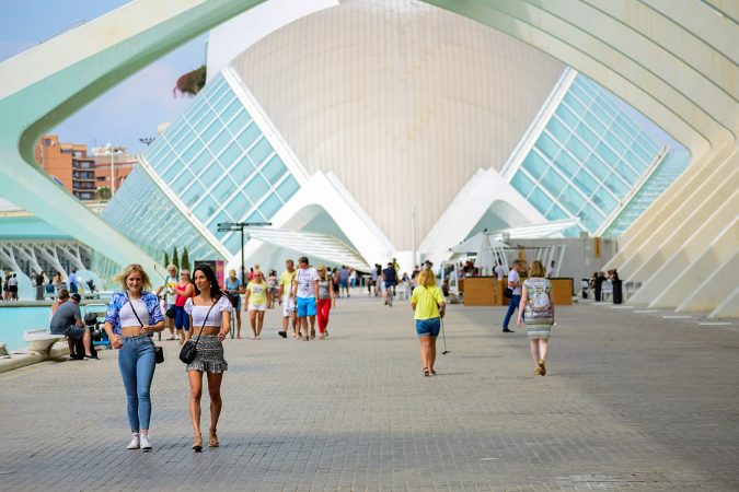 People visit the City of Arts and Sciences, Oceanographic and hemisphere museum, famous place from Spain, Europe, Valencia