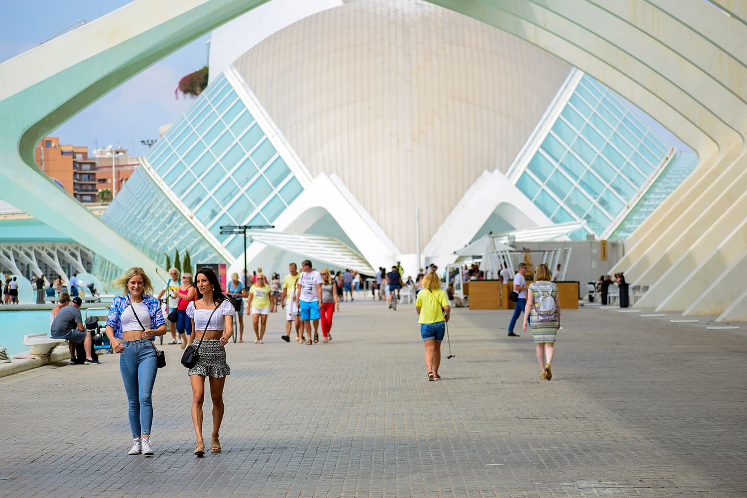 People visit the City of Arts and Sciences, Oceanographic and hemisphere museum, famous place from Spain, Europe, Valencia