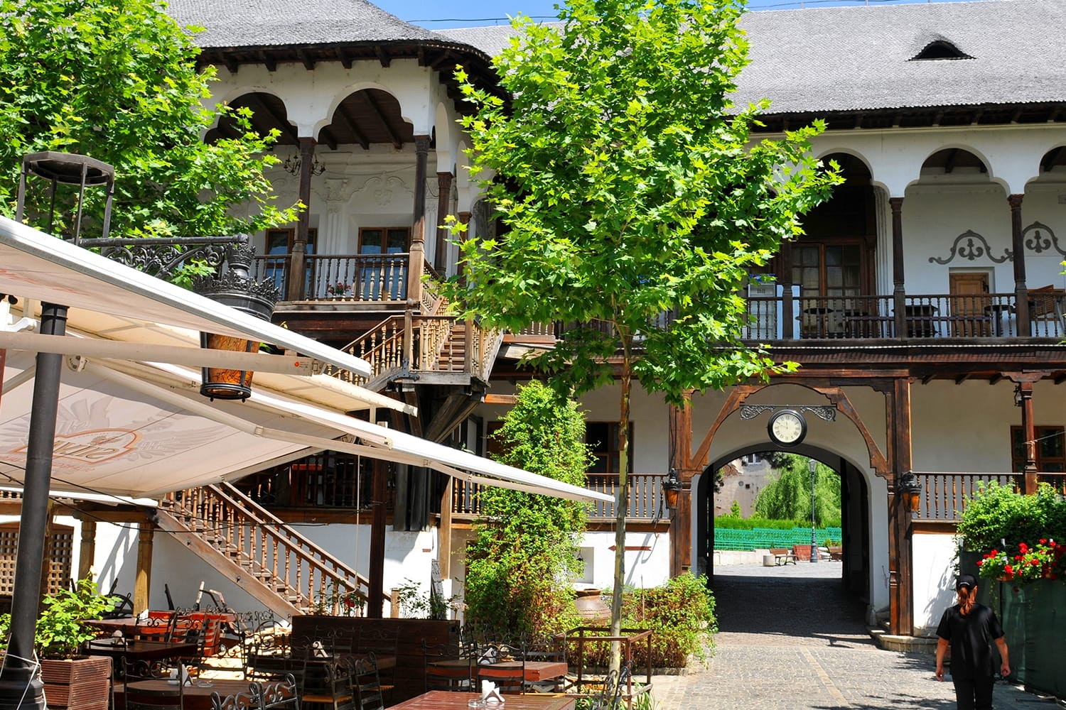 Inner yard at Hanul lui Manuc (Manuc's Inn) the oldest operating hotel and restaurant building in downtown of Bucharest, Romania