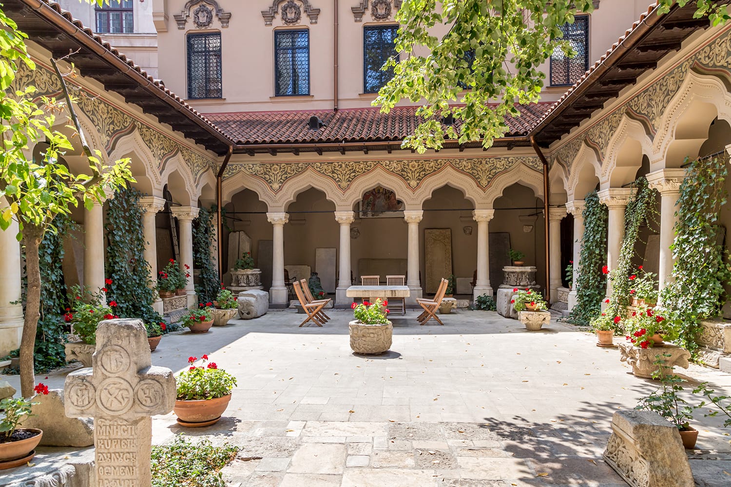Courtyard of Stavropoleos church, one of the oldest churches in Bucharest