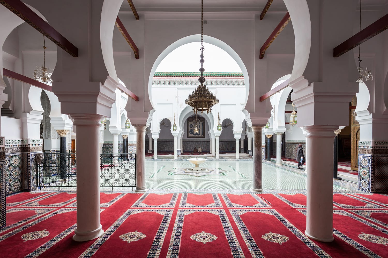 Interior of Al Quaraouiyine (or al-Qarawiyyin) Mosque and university in Fes, Morocco.