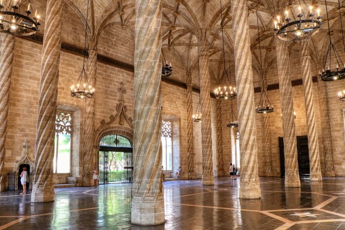 Interior of the Lonja de la Seda, a silk exchange building in Valencia, Spain