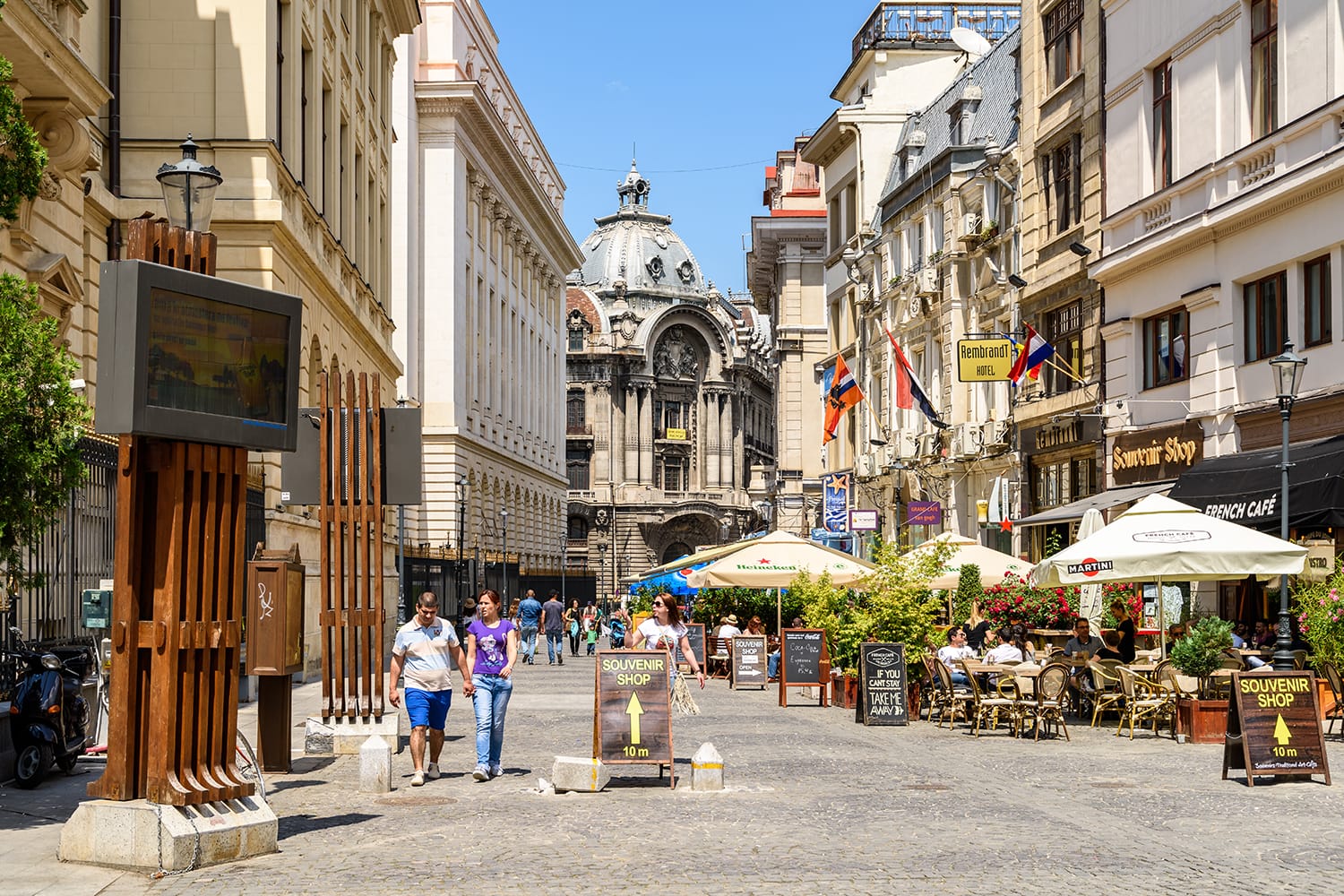 People Walking Downtown Lipscani Street, One Of The Most Busiest Streets Of Central Bucharest, Romania