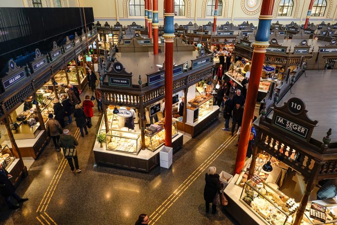 The interior of the newly renovated Östermalm Saluhall food market in Stockholm, Sweden