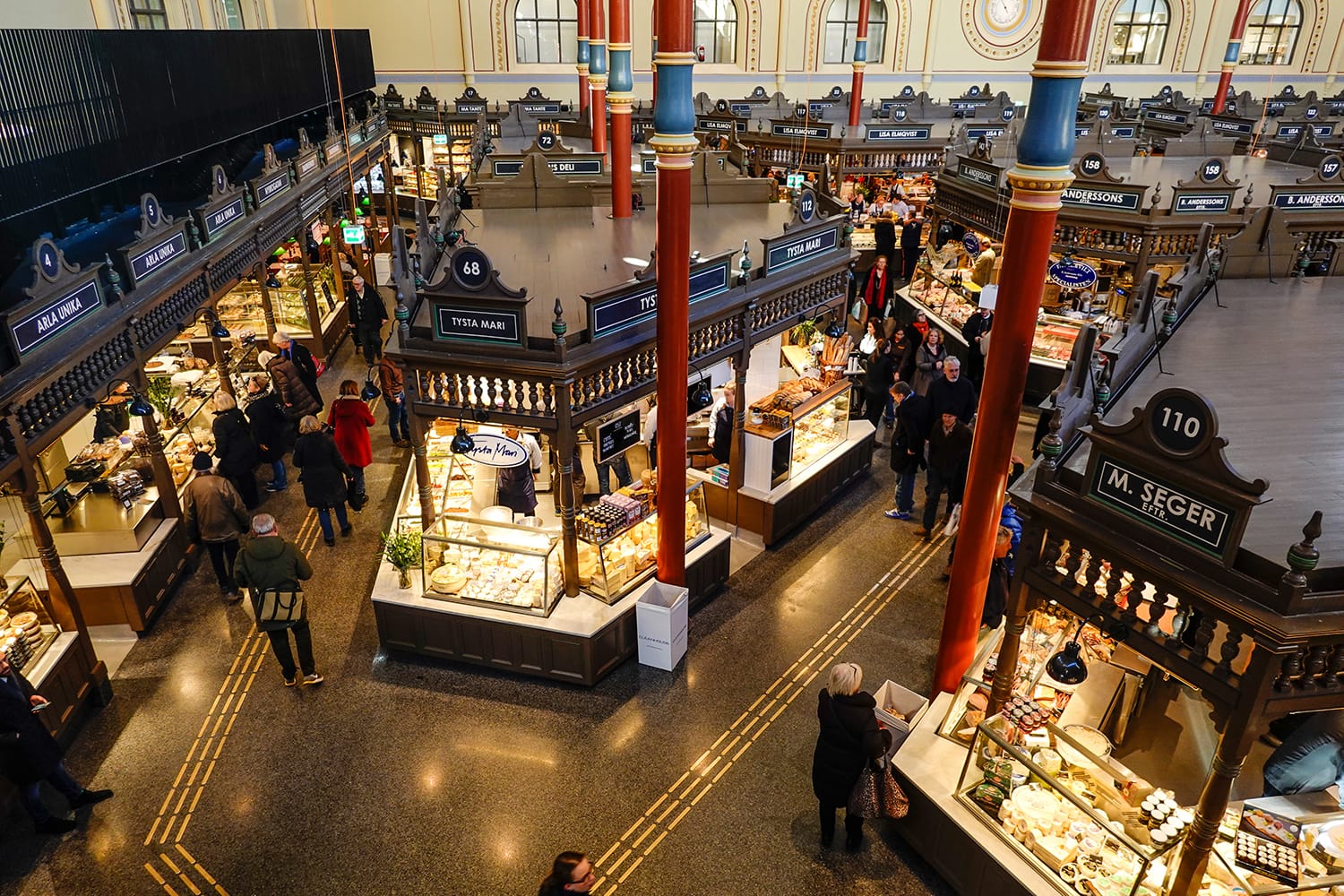 The interior of the newly renovated Östermalm Saluhall food market in Stockholm, Sweden