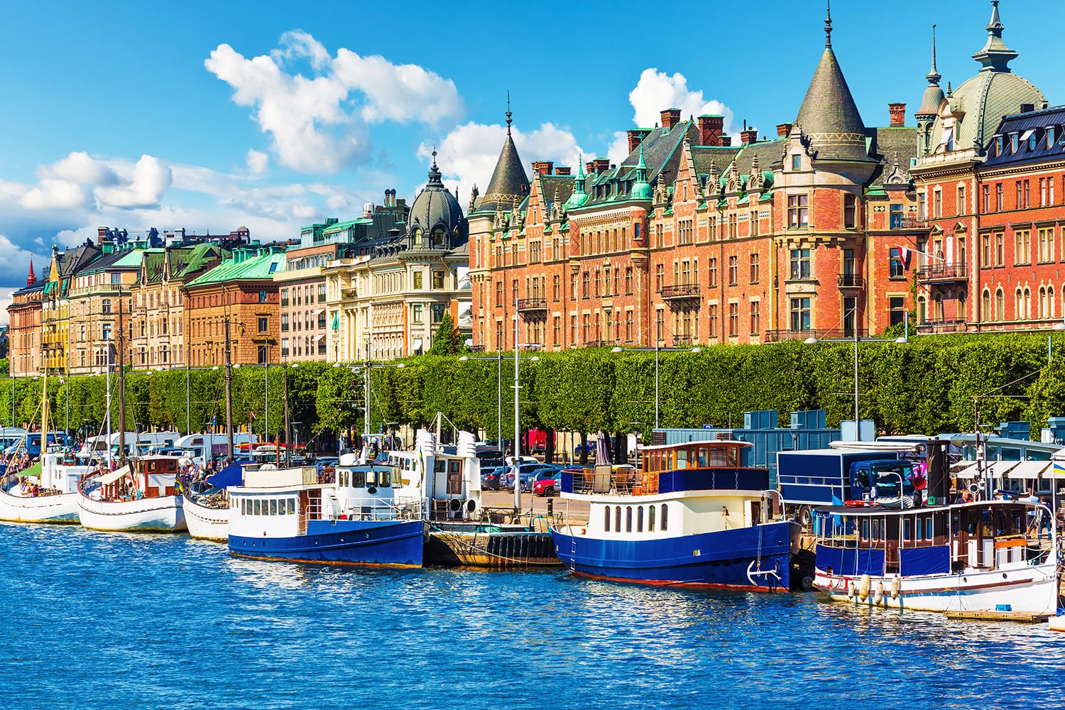 Scenic summer panorama of the Old Town (Gamla Stan) pier architecture in Stockholm, Sweden