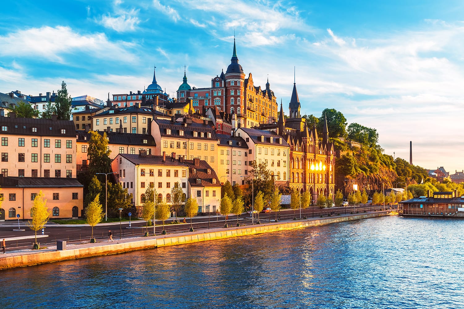 Scenic summer view of the Old Town pier architecture in Sodermalm district of Stockholm, Sweden