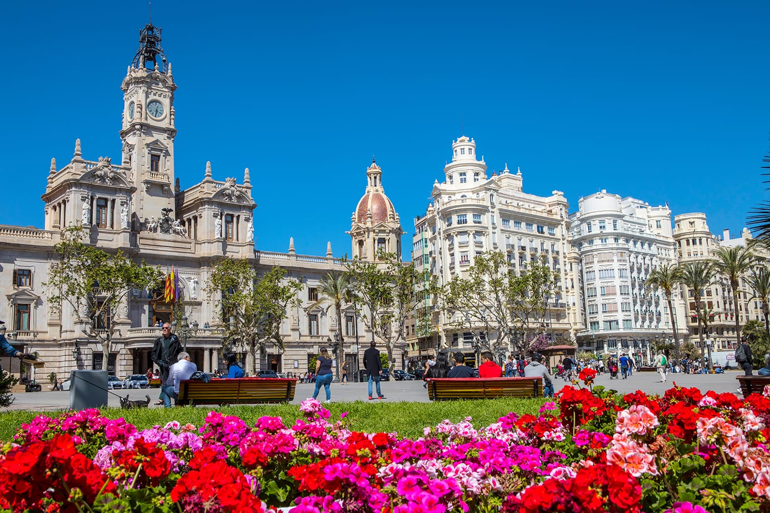 A view of the Town Hall Square, also known as Placa de l'Ajuntament, in the city of Valencia, Spain.