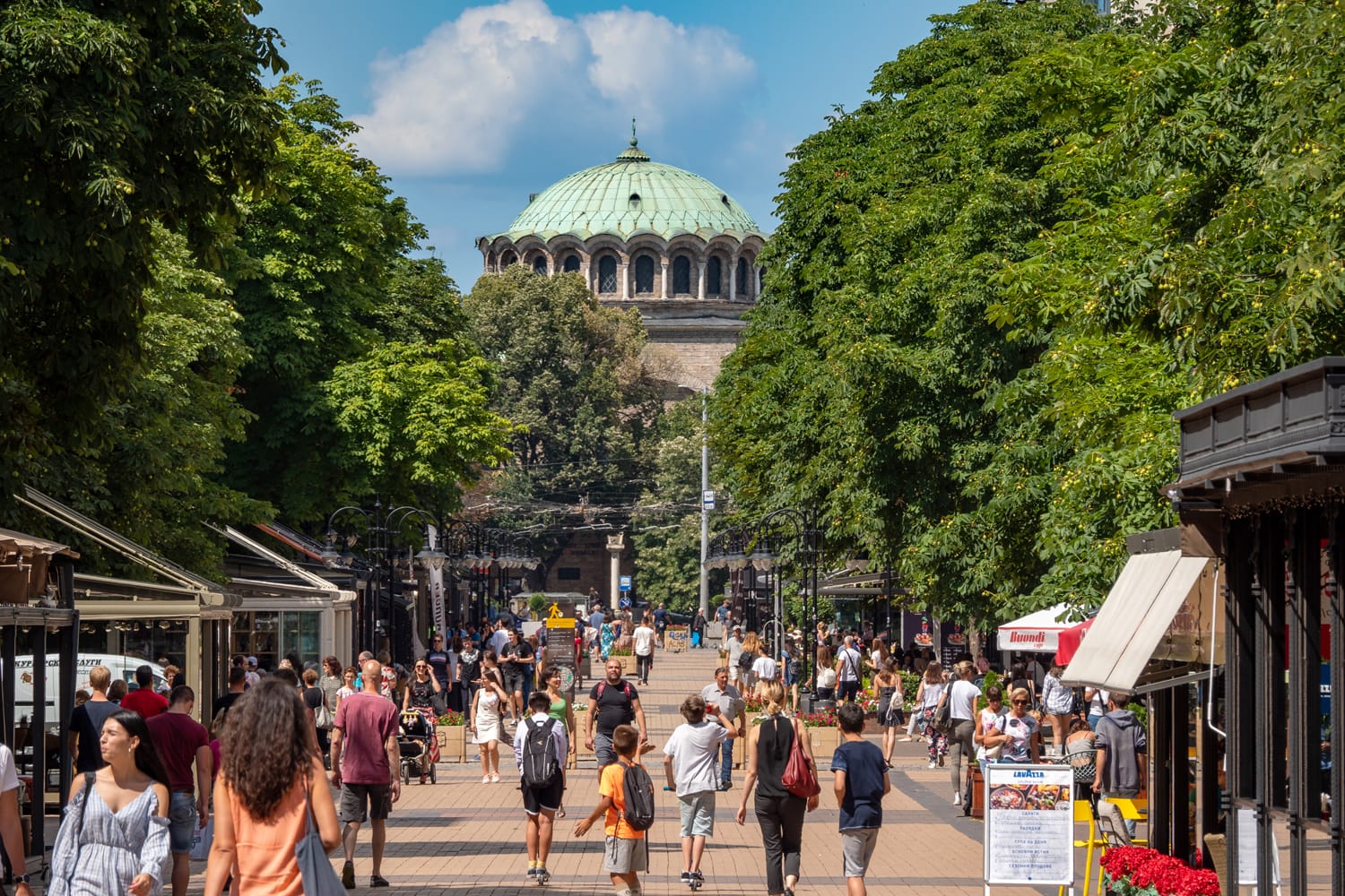 The busy pedestrianised street of Vitosha Boulevard in Sofia, Bulgaria