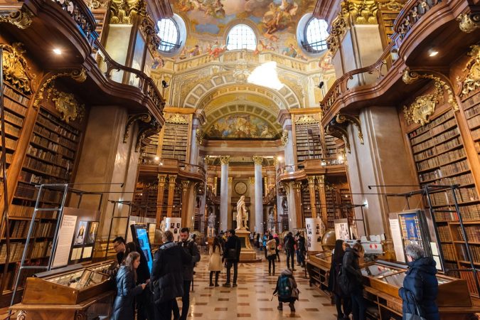 Interior of Austrian National Library - old baroque library of Hapsburg empire located in Hofburg Palace in Vienna, Austria
