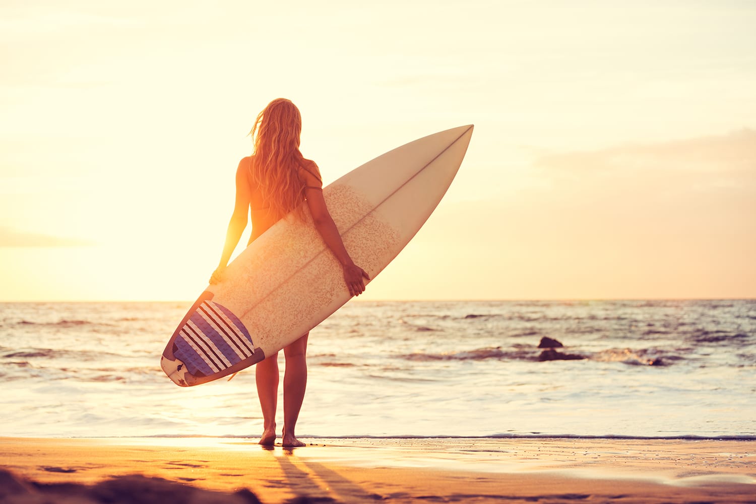 Beautiful sexy surfer girl on the beach at sunset