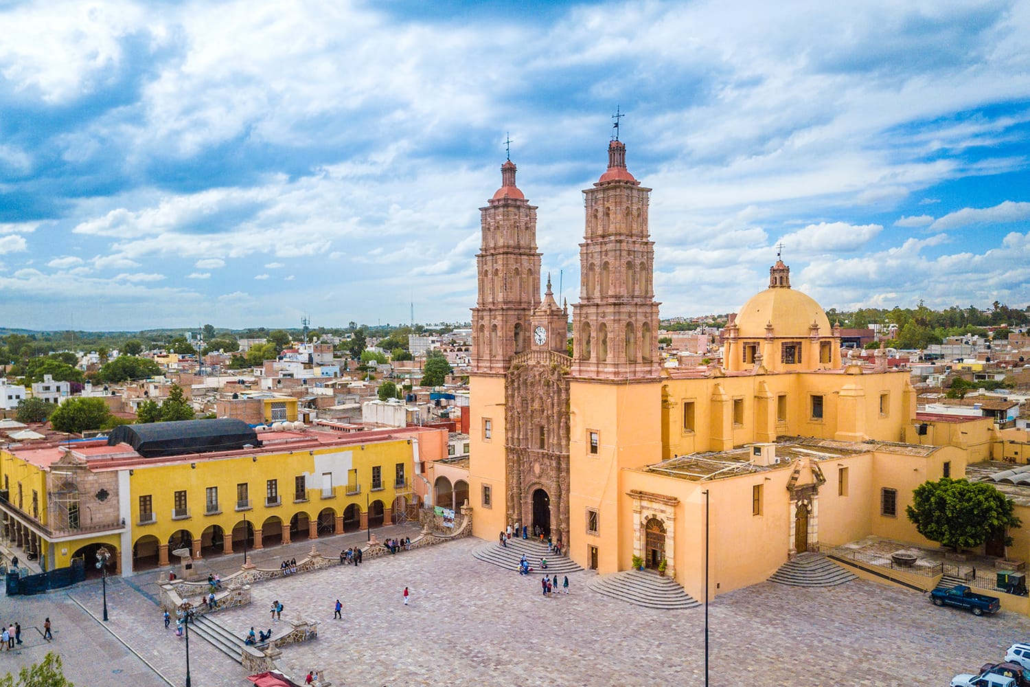 Beautiful aerial view of the main square and the church of Dolores Hidalgo in Guanajuato, Mexico