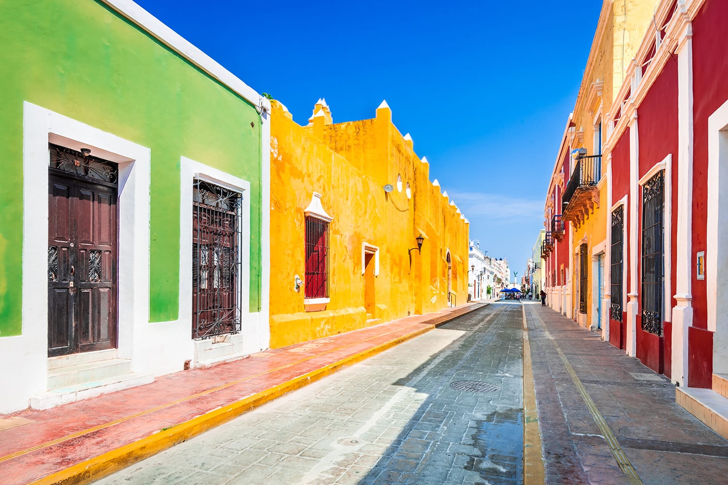 Colorful empty colonial street in the historic center of Campeche, Yucatan, Mexico