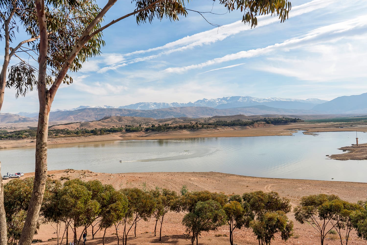 Lalla Takerkoust Lake and Atlas Mountains south from Marrakech, Morocco
