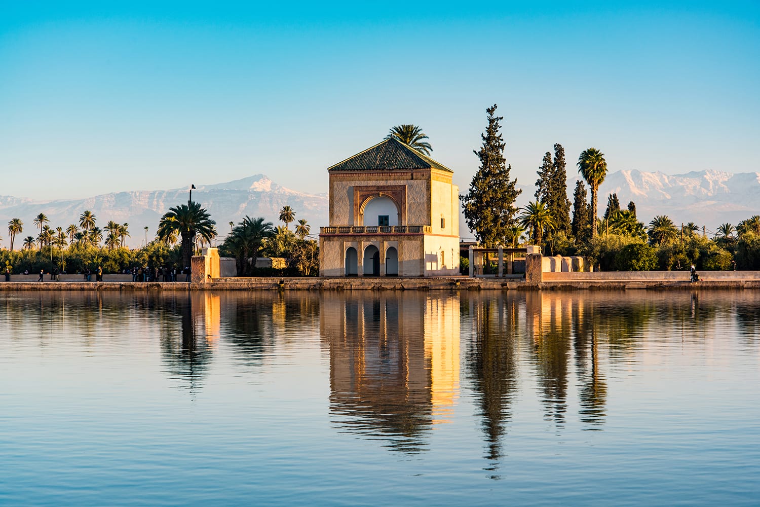 Saadian pavilion, Menara gardens and Atlas in Marrakech, Morocco