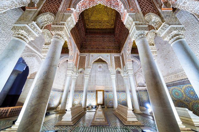 The room with the twelve columns in Saadian Tombs. These tombs are sepulchres of Saadi Dynasty members and are a major attraction for visitors in Marrakech, Morocco