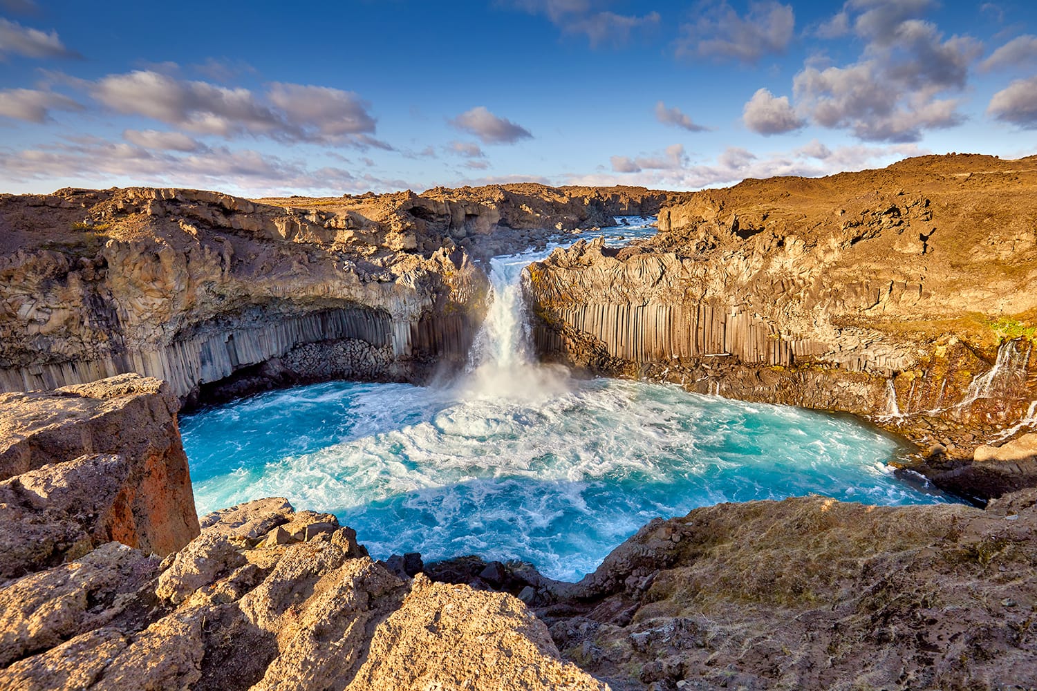 Panoramic view of Aldeyjarfoss waterfall on the Skjalfandafljot river at the northern part of the Sprengisandur Highland Road, Highlands, Iceland