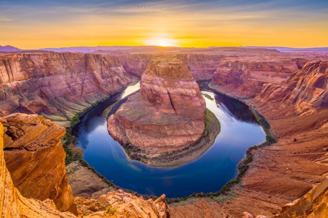 Horseshoe Bend on the Colorado River at sunset near Page, Arizona, USA.