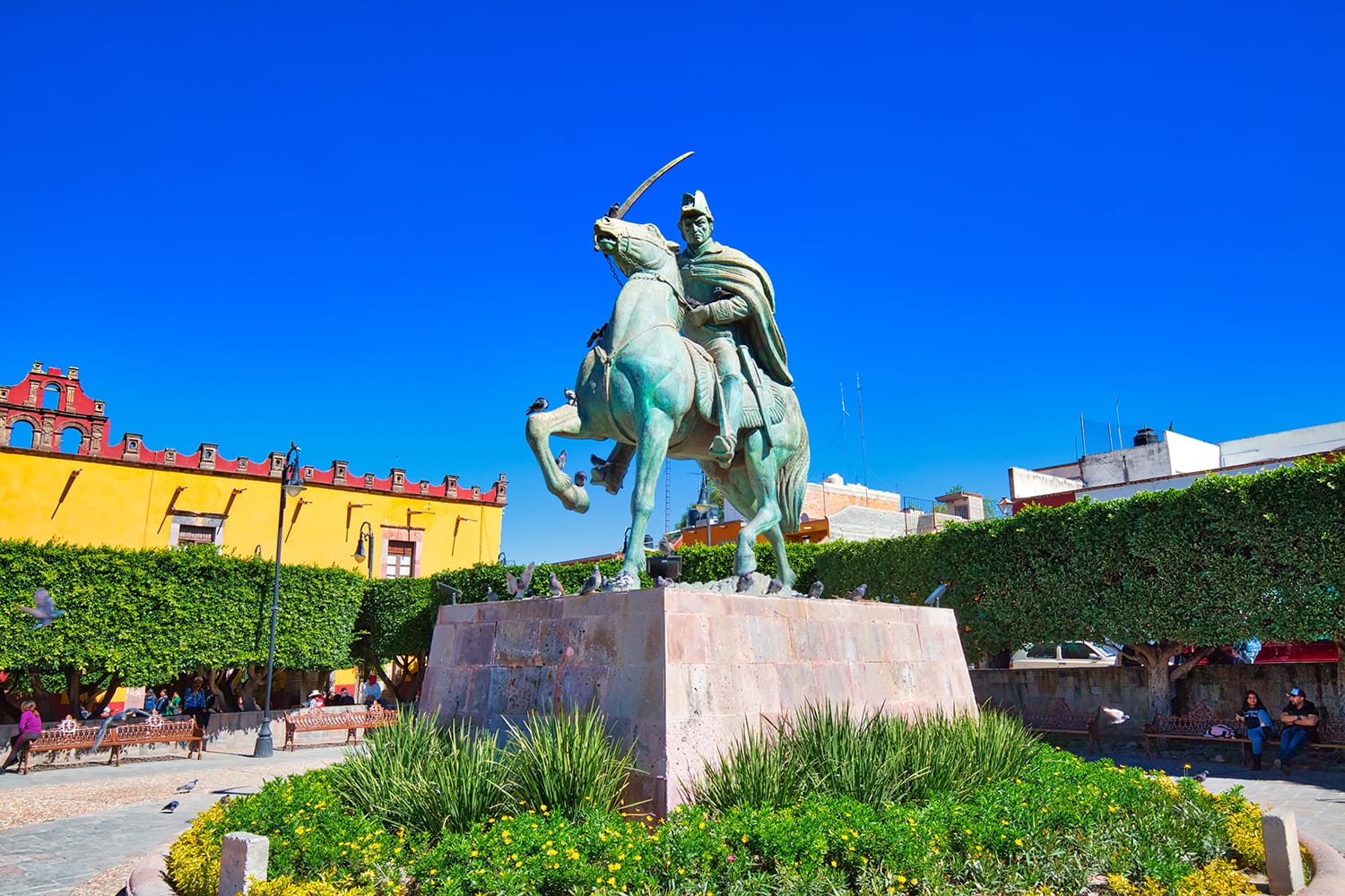 General Ignacio Allende statue in front of Nuestra Senora De Salud church in historic city center of San Miguel de Allende, Mexico