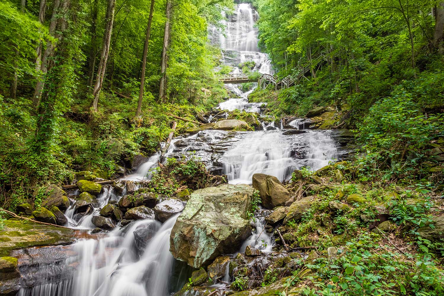 Amicalola Falls, stairs, and foot bridge, in Georgia's State Park.