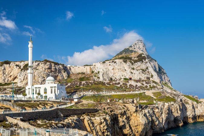 Rock of Gibraltar and Mosque seen from Europa Point in Gibraltar, a British overseas territory