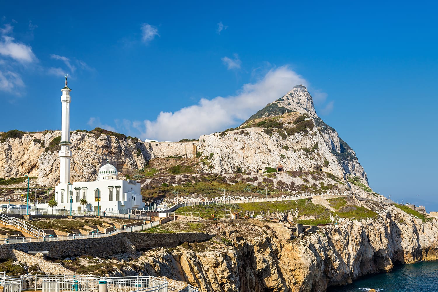 Rock of Gibraltar and Mosque seen from Europa Point in Gibraltar, a British overseas territory