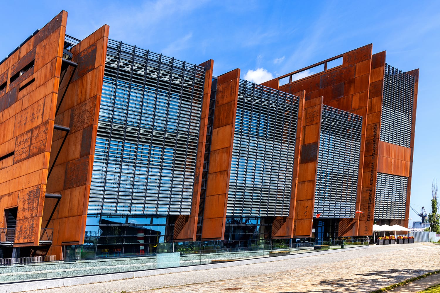 Facade of European Solidarity Centre building, Europejskie Centrum Solidarnosci, at 1 Solidarnosci square in old Gdansk Shipyard quarter