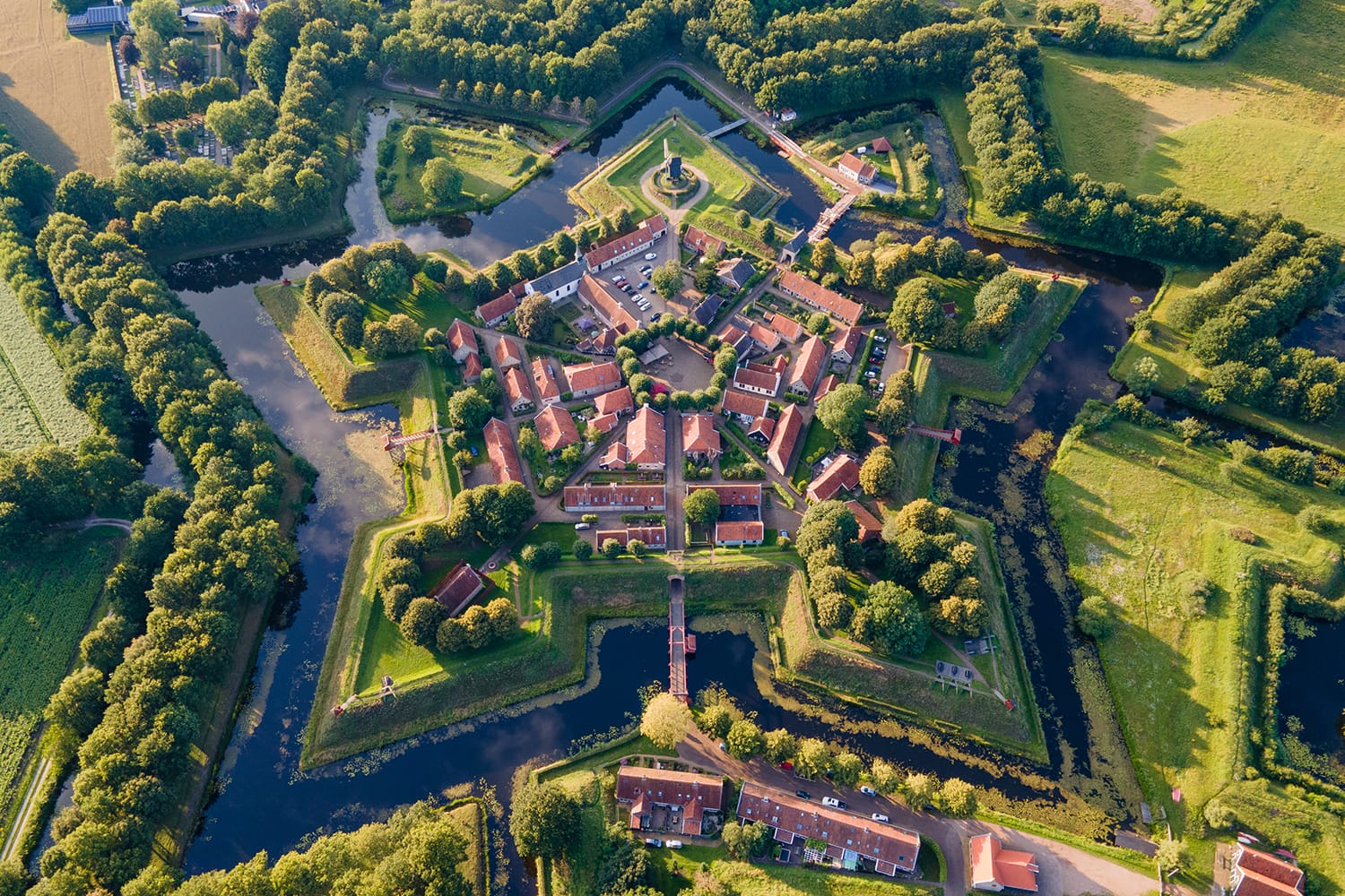 Bourtange Fortress aerial view during sunset in the Province of Groningen. Fortress in shape of star near border of Netherlands and Germany.