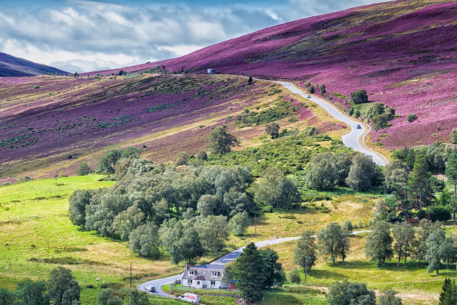 Picturesque road in Scottish Highlands, Cairngorms National Park near Lecht Ski Resort, Scotland, United Kingdom, Europe