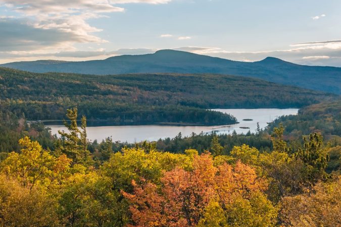 Autumn color and view of North-South Lake, from Sunset Rock, in the Catskill Mountains, New York, USA