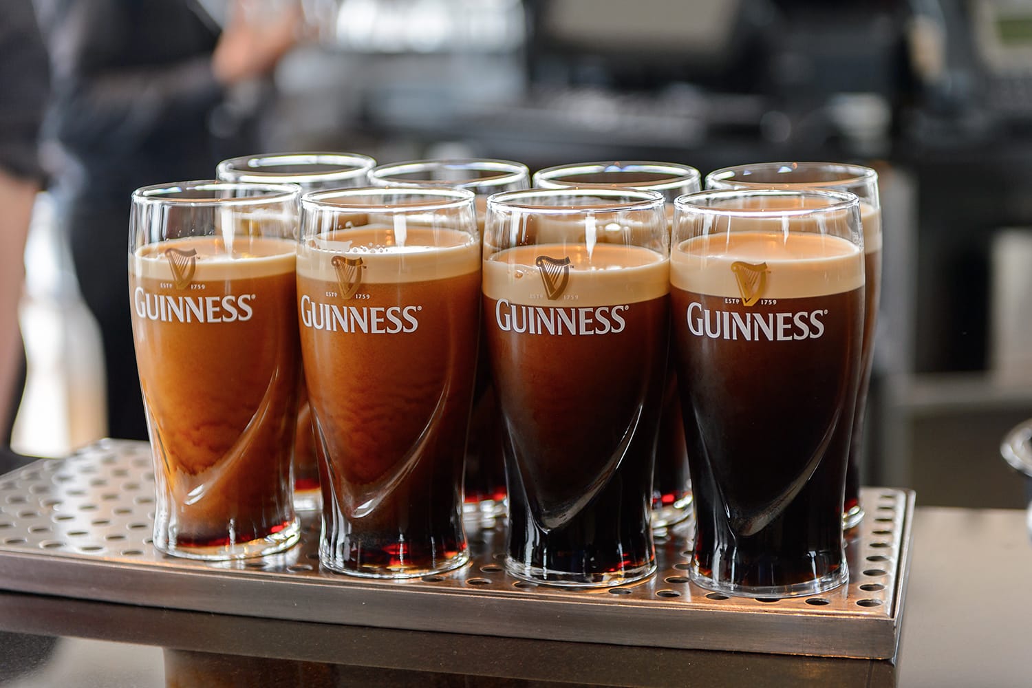 Pints of Guinness in the museum in Dublin.