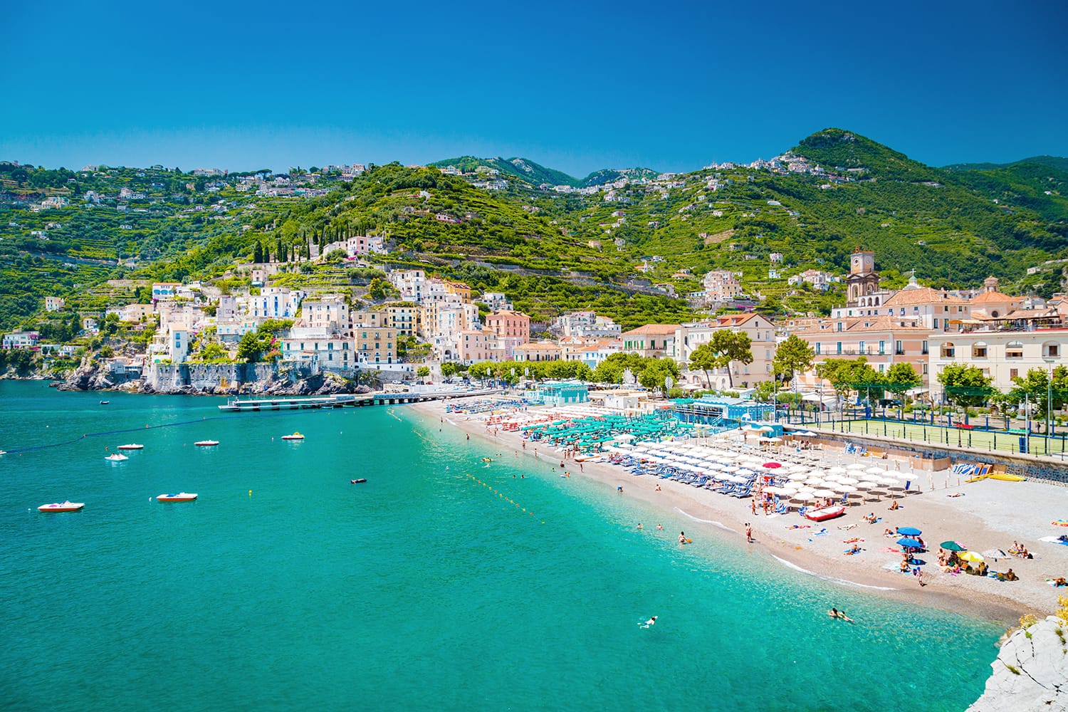 Scenic panoramic view of the beautiful town of Amalfi at famous Amalfi Coast with Gulf of Salerno, Campania, Italy