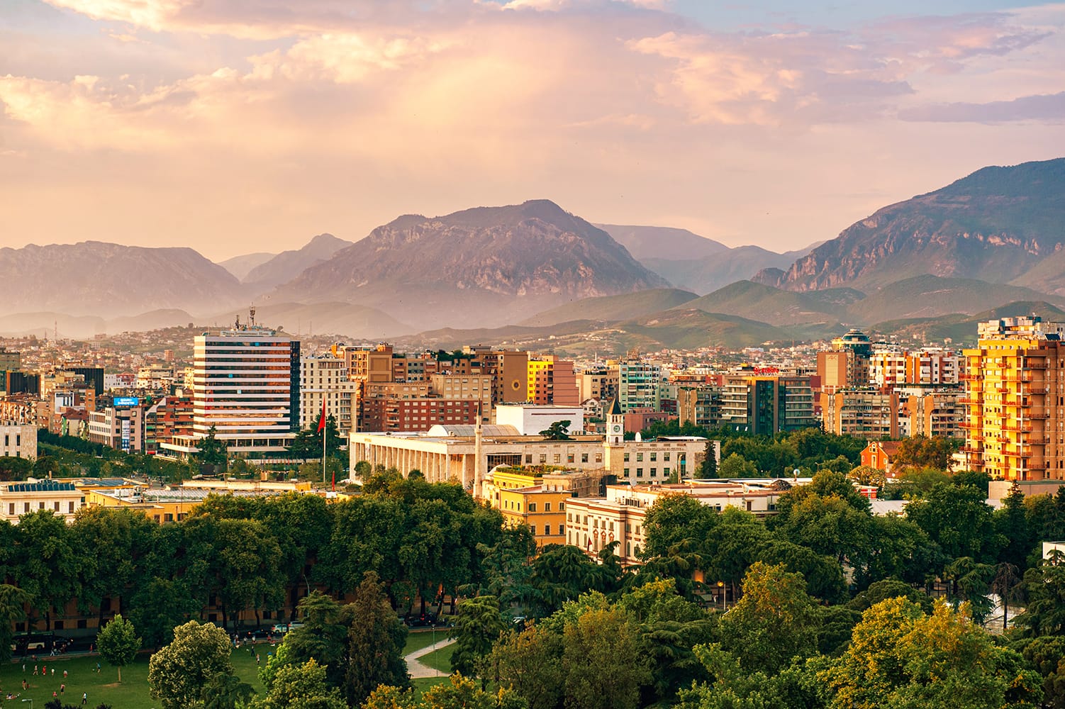 Aerial sunset view of Tirana from Sky Tower, Albania
