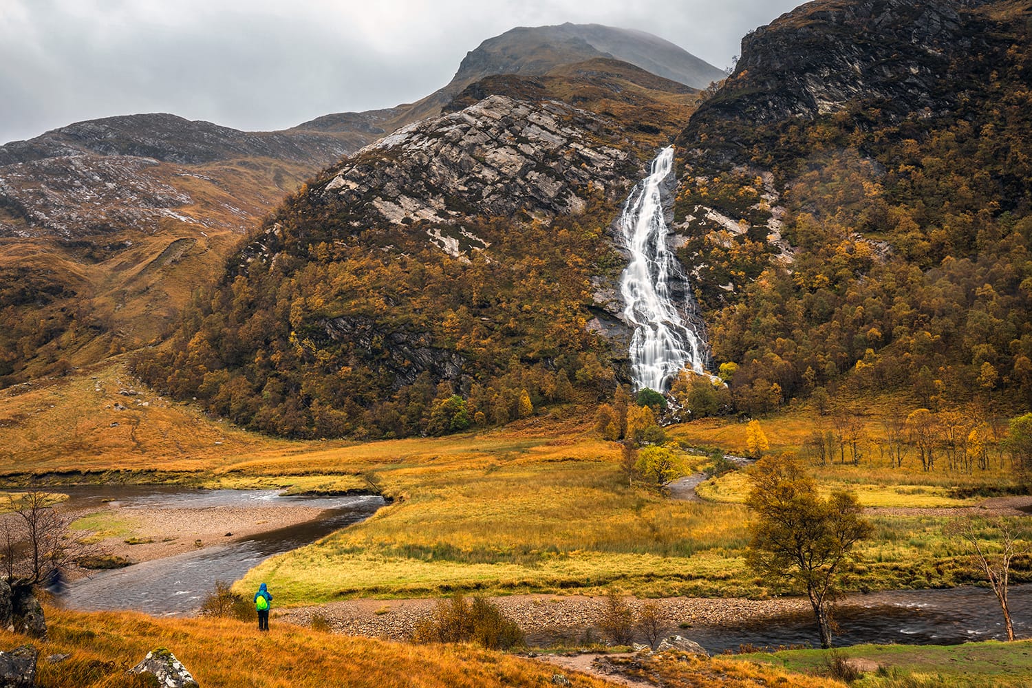 Tourist near Steall Falls in Glen Nevis, Scotland