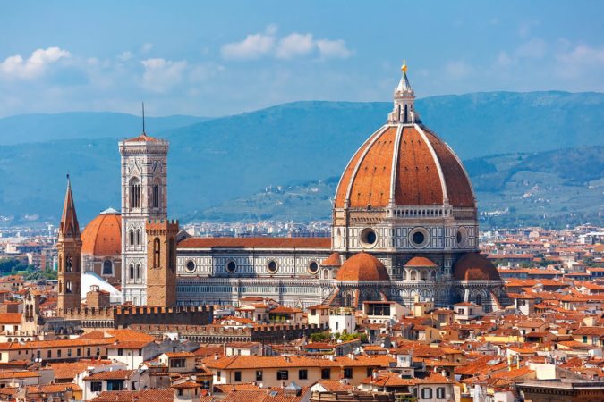 Duomo Santa Maria Del Fiore and Bargello in the morning from Piazzale Michelangelo in Florence, Tuscany, Italy