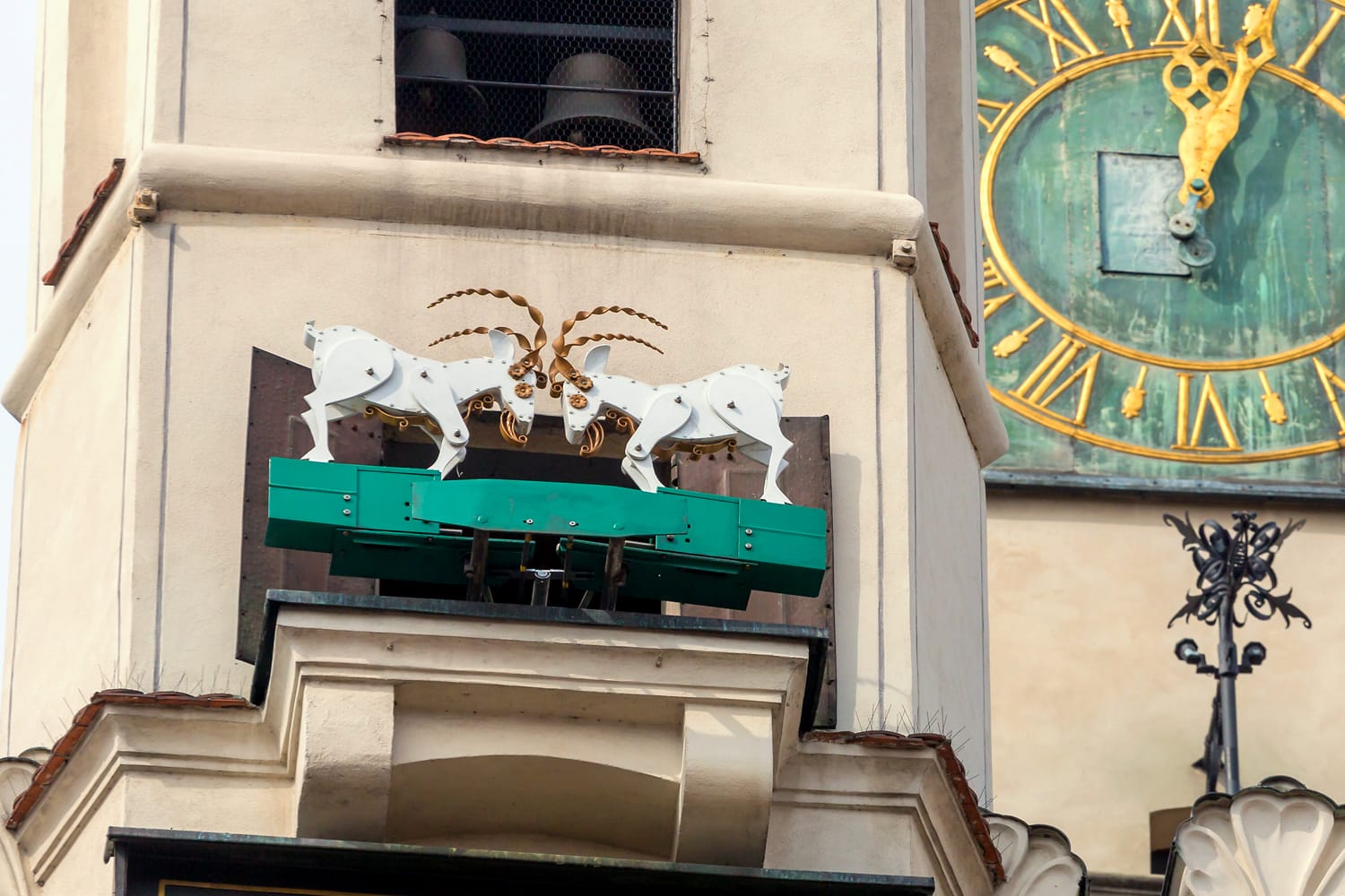 Tower of the City Hall on the Market square in Poznan, Poland. The mechanized goats, which are the symbol of the town, appearing once a day at noon