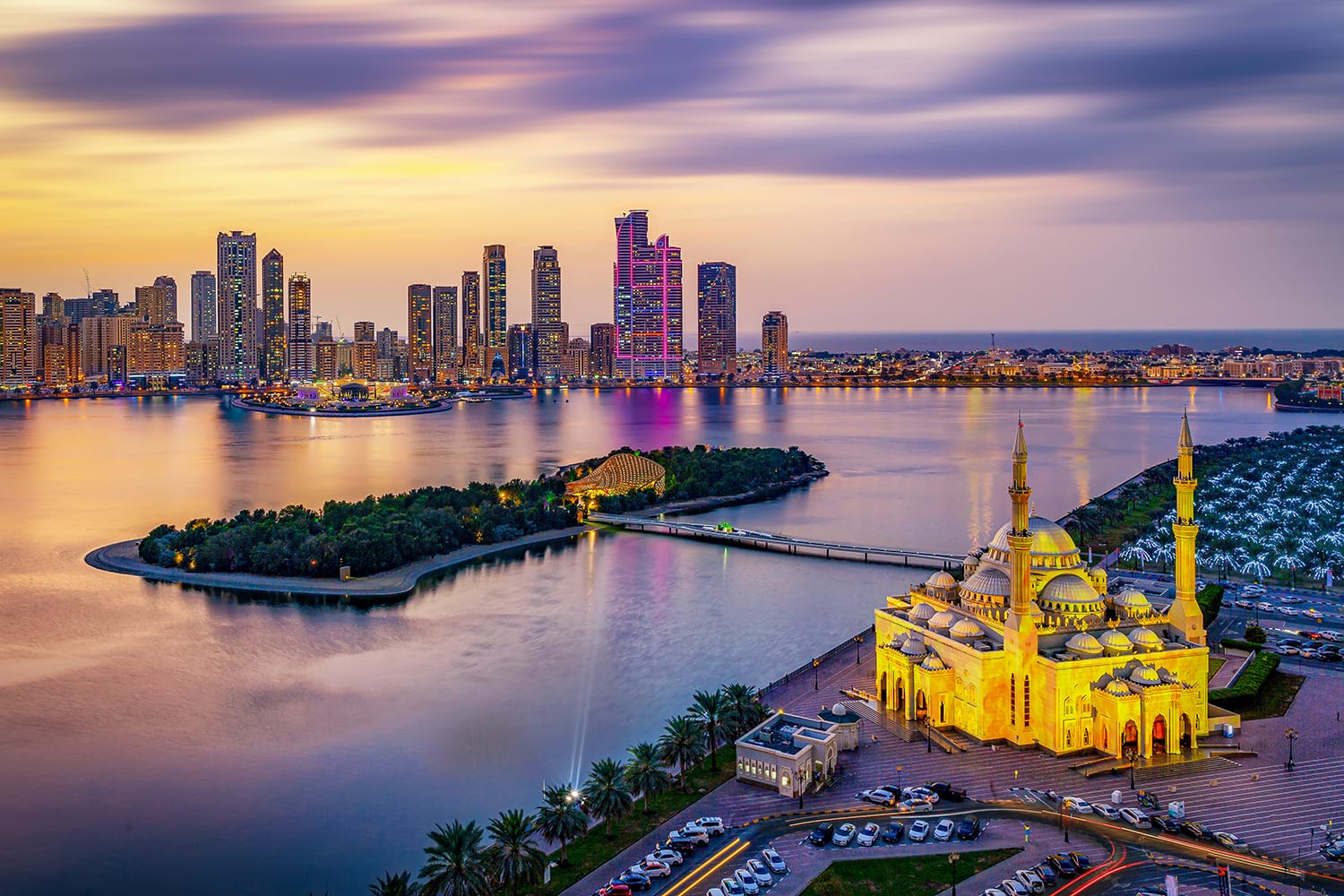 Sharjah City Skyline at Sunset & Sharjah Lighting Festival