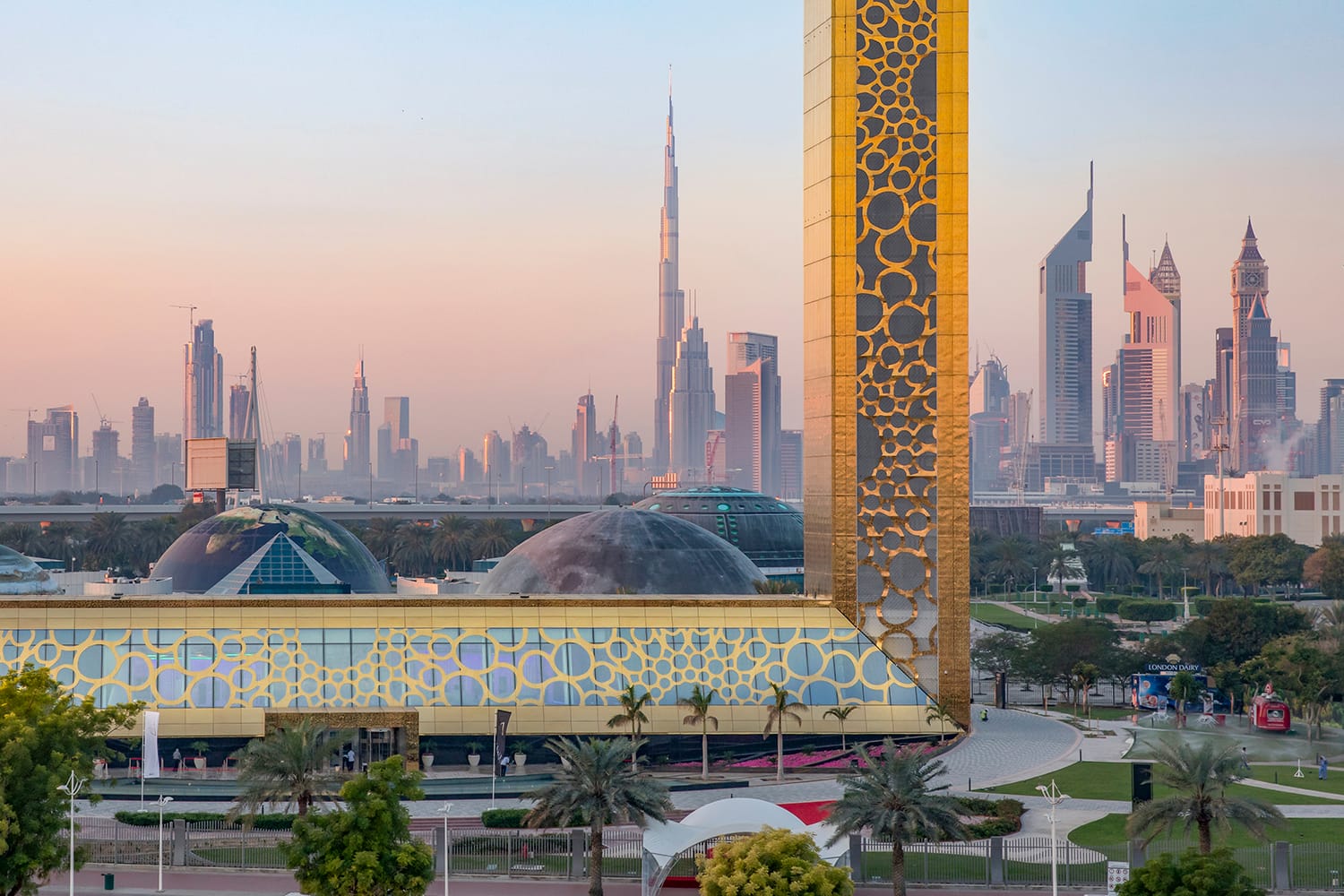 Dubai Frame building at sunrise