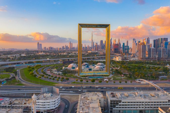 Aerial view of Dubai Frame and the downtown skyline