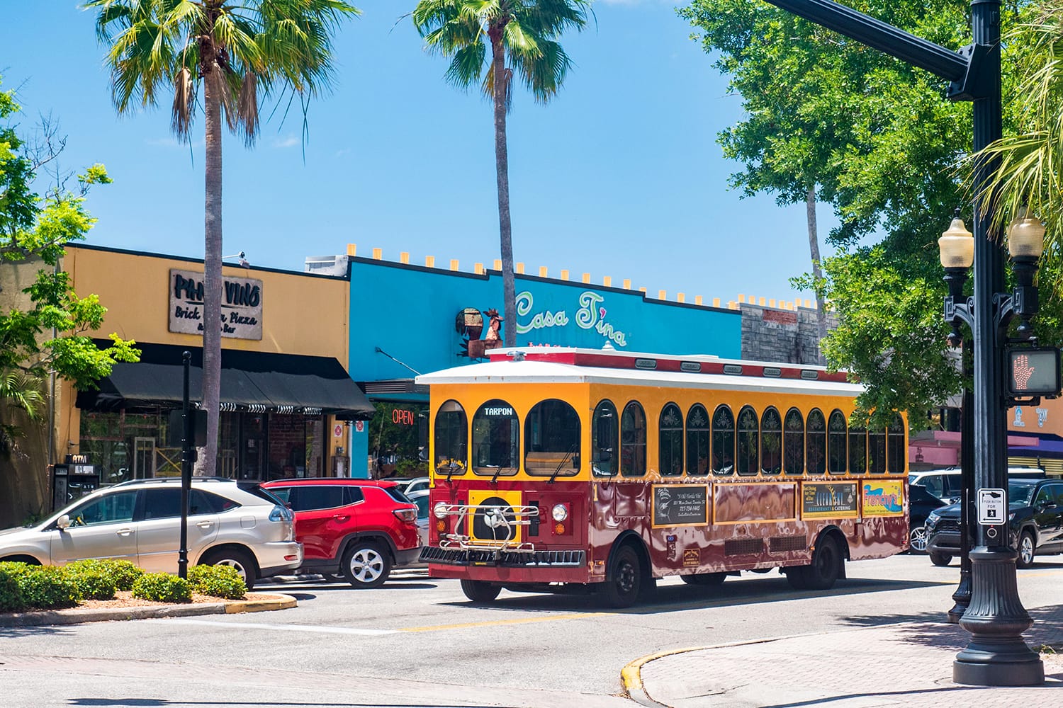Trolley driving through main St. in Dunedin, FL