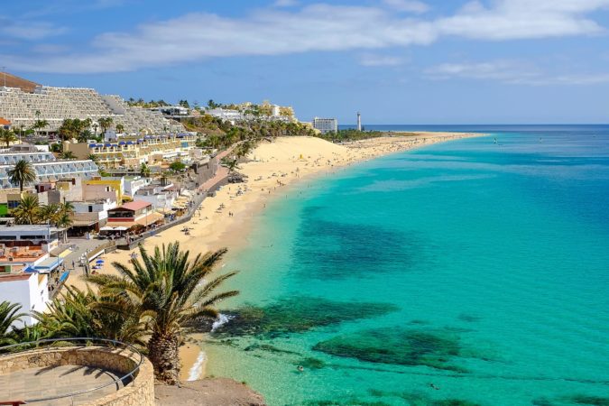 Aerial view on the beach in Playa del Matorral in Morro Jable, Canary Island Fuerteventura, Spain.