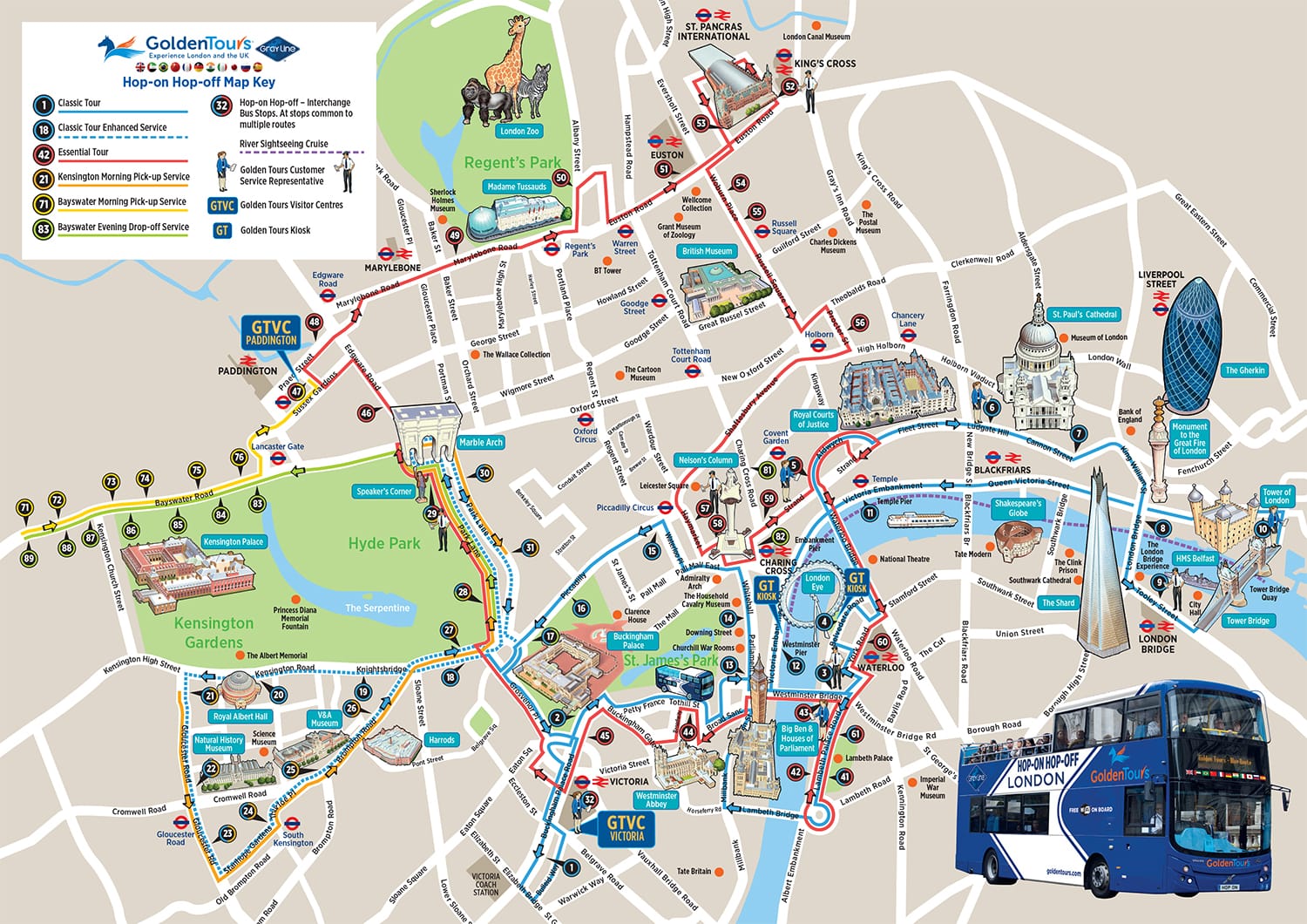 Golden Tours Open-Top Hop-On Hop-Off Sightseeing Bus Map