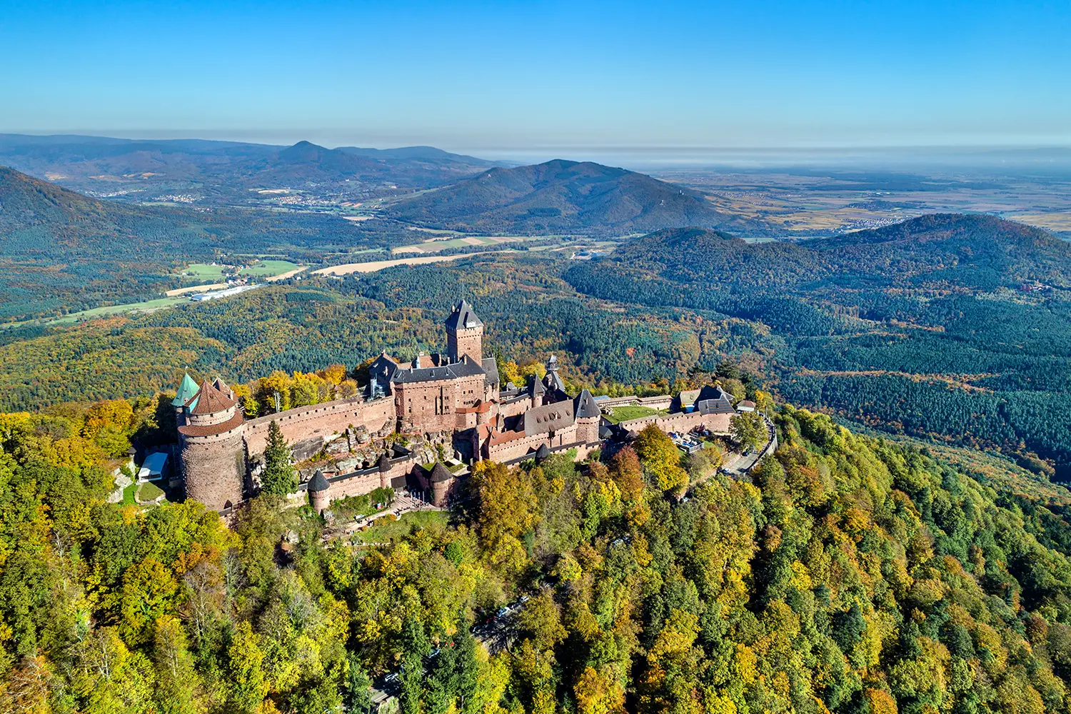 Aerial view of the Chateau du Haut-Koenigsbourg in the Vosges mountains. A major tourist attraction in Alsace, France