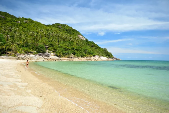 Woman in bikini walking on the gorgeous tropical beach with lush green coconut palm trees at Ao Haad Khuad, Koh Phangan, Southern Thailand.