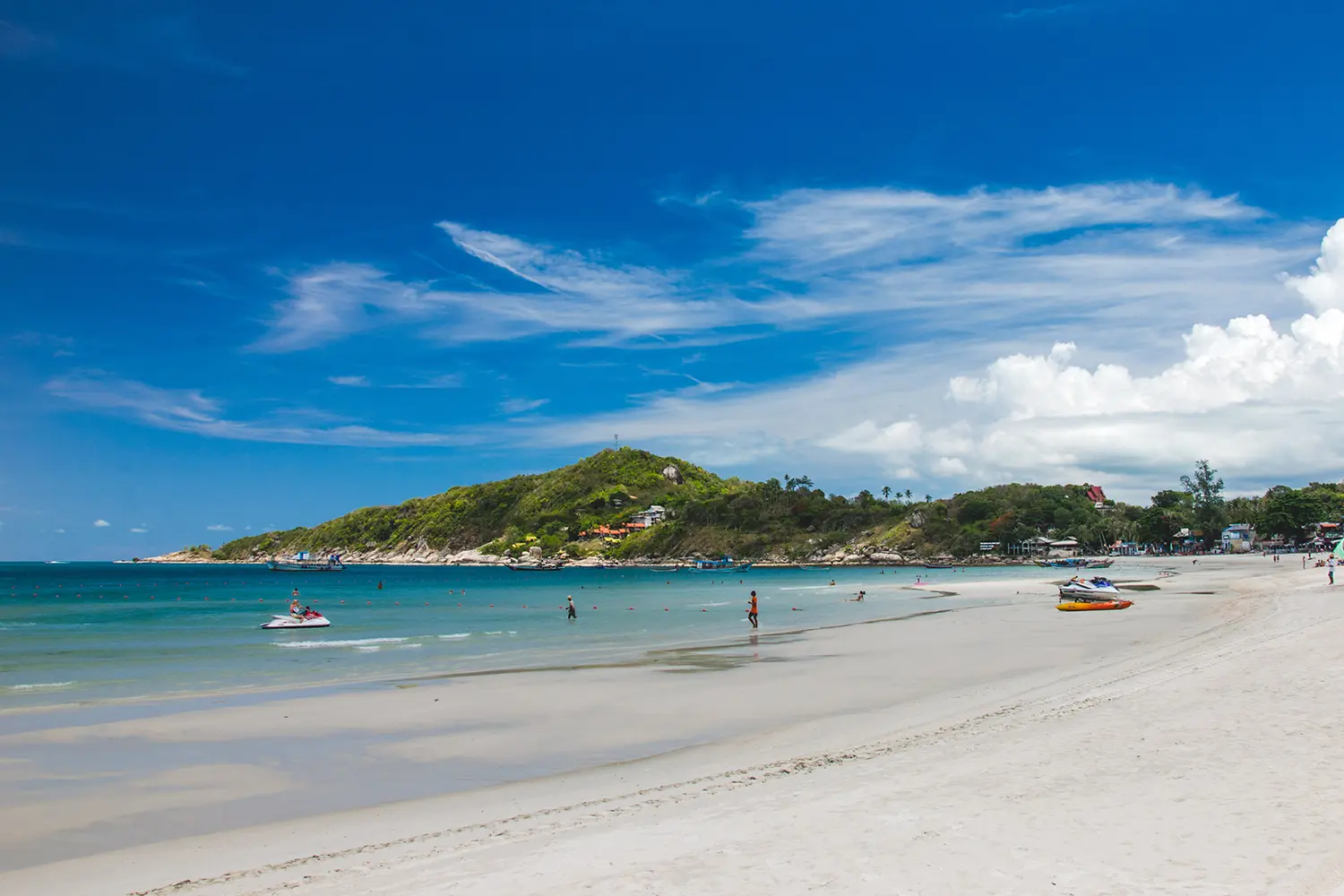 Haad Rin beach on Koh Phangan island, Thailand, famous for its full moon parties. The beach is beautiful, it has white sand and clear blue water.