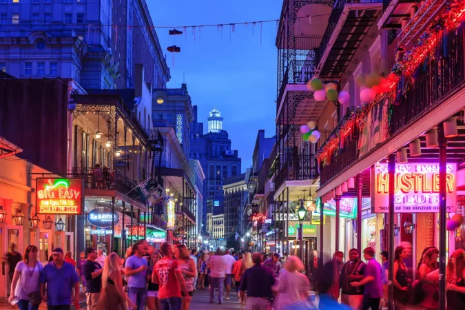 Pubs and bars with neon lights in the French Quarter, downtown New Orleans
