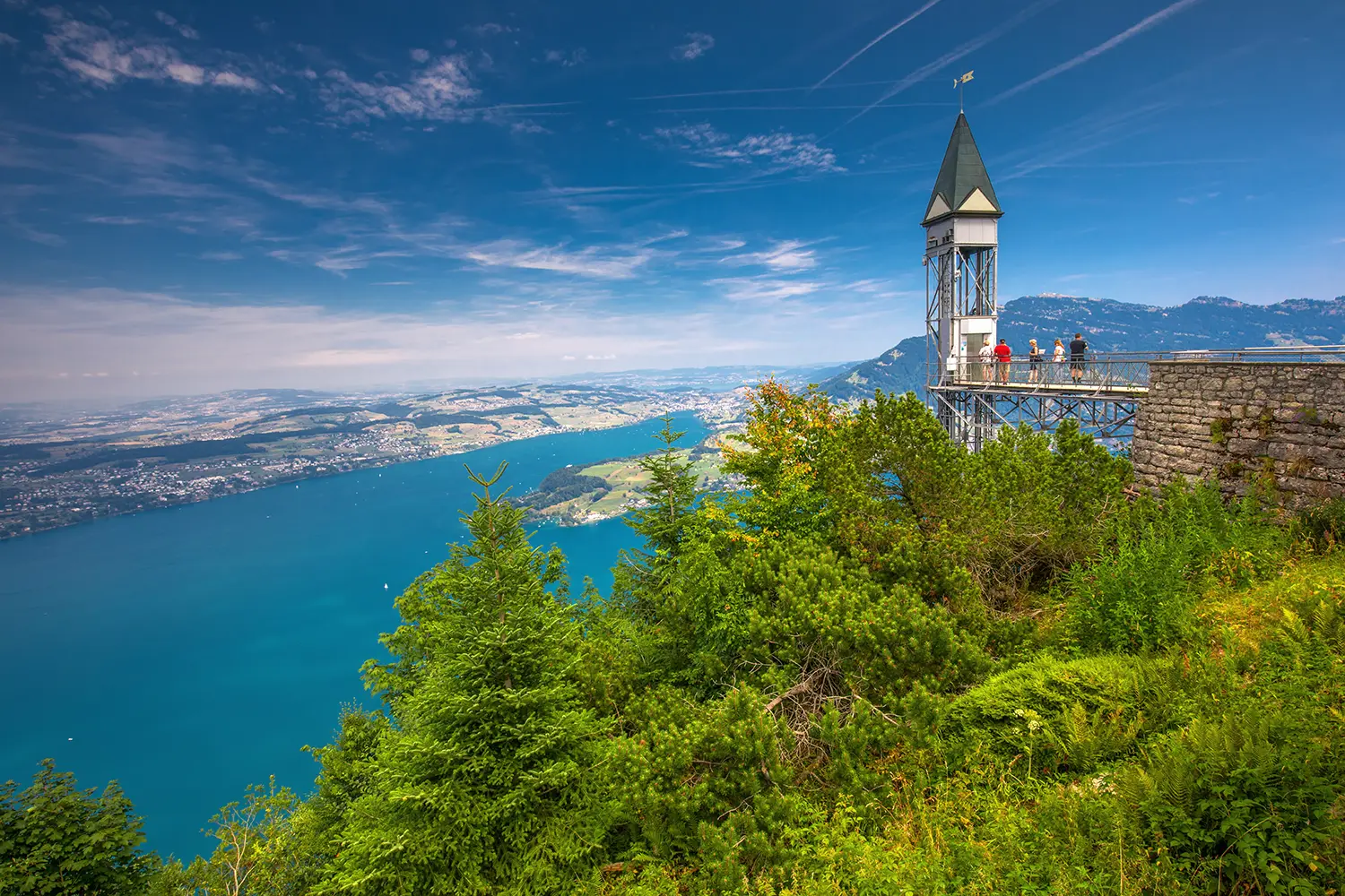 Hammetschwand elevator in Alps near Burgenstock with the view of Swiss Alps and Lucerne lake, Switzerland, Europe.